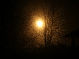 a foggy night with a street light in the distance
